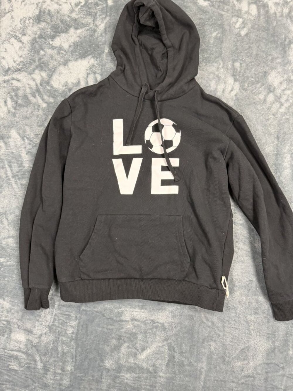 Black Hoodie With "Love" Soccer Graphic  Size M Kangaroo Pocket &  Hoodie
